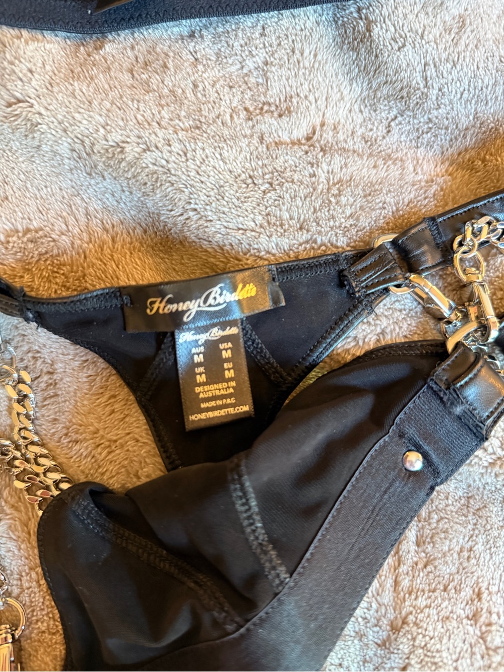 Honey Birdette Kendra. Black Faux Leather Bra and Thong Chain Detail - Picture 3 of 6